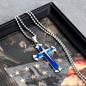 Mens Blue and Silver Cross Pendant Necklace